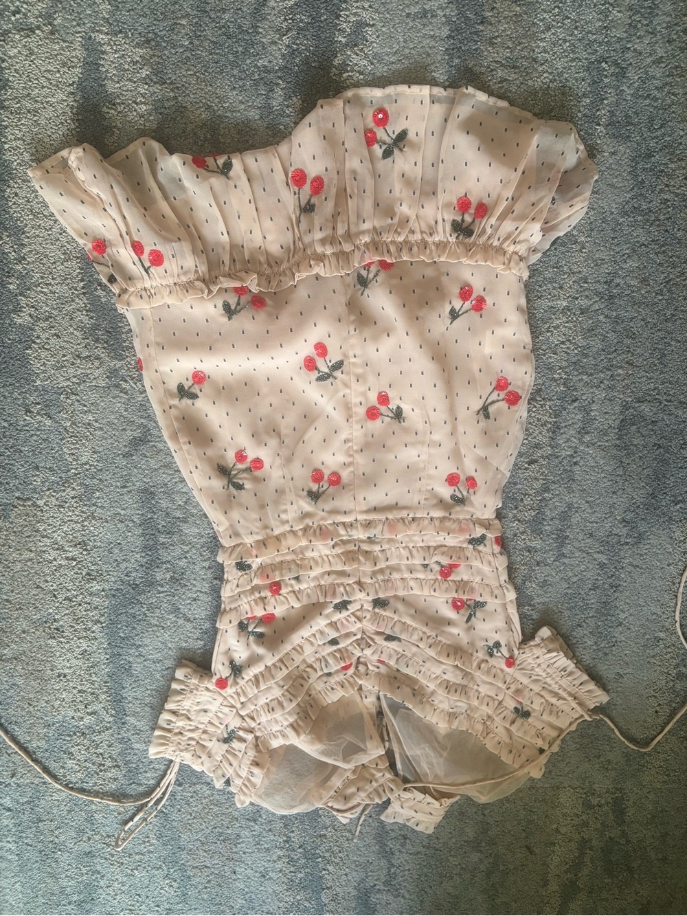 Cream Midi Dress with Pink Cherry Print and Smocked Waist